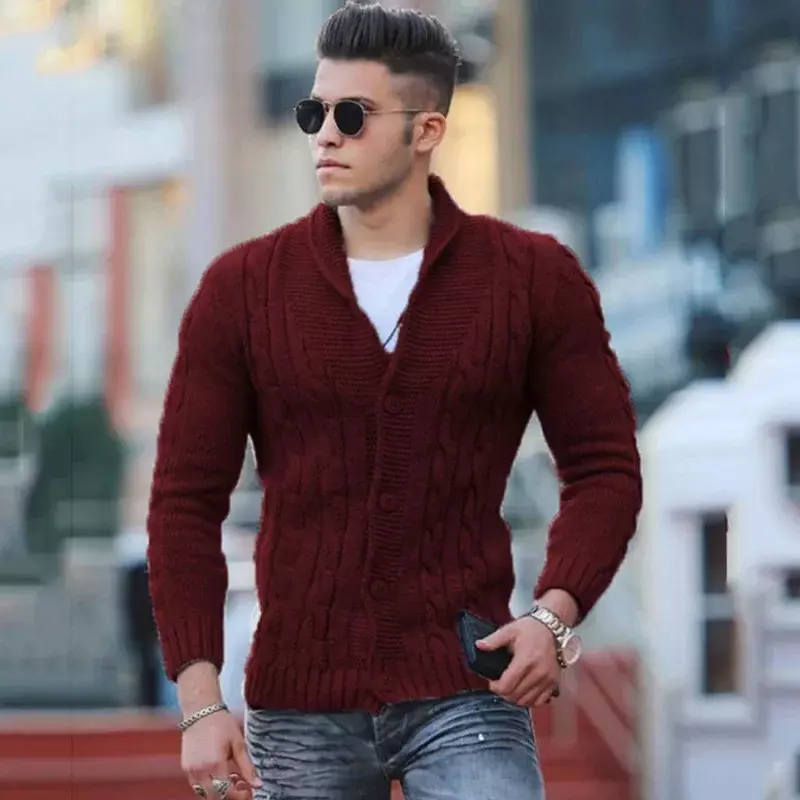 Suéter de punto para hombre, cárdigan ajustado de Color sólido, abrigo europeo y americano cálido, otoño e invierno, novedad de 2023