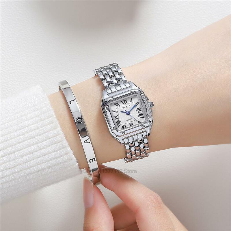 Relojes cuadrados de lujo a la moda para mujer, pulsera de cuarzo con correa de aleación dorada, reloj de escala romana, 2024