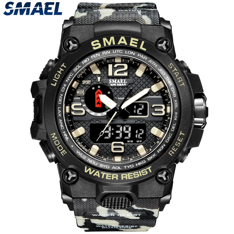 SMAEL Men's Multi functional Waterproof Night Light Alarm Clock Sports Outdoor Watch 1545D Camo Tactical Watch