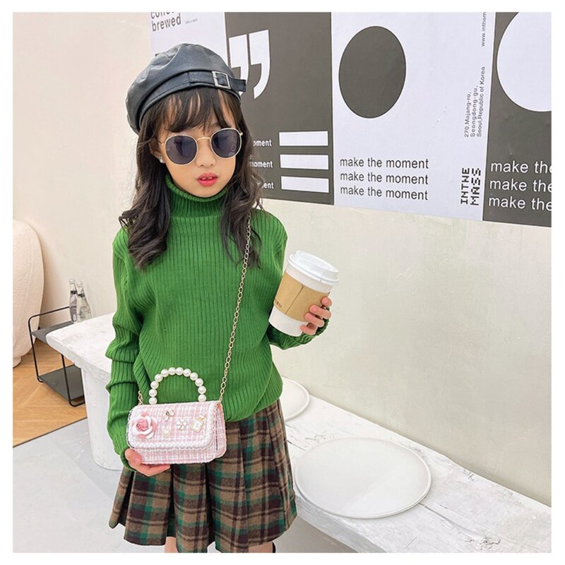 Borsa quadrata piccola con decorazione floreale nuova borsa a tracolla con manico in perla Mini borsa a tracolla in stile coreano per bambini