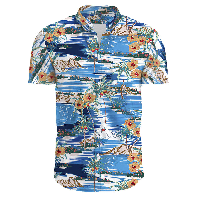 Camiseta 3D estilo havaiano masculina, gola lapela, camisa de manga curta, pôr do sol, praia, roupa solta, moda