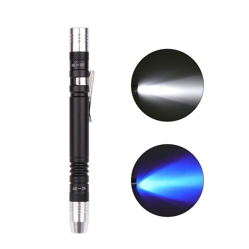 Mini lampe de poche stylo UV, lampe de poche à lumière noire, stylo à lumière UV, torche ultra en verre, blanc, violet, AAA, 395nm
