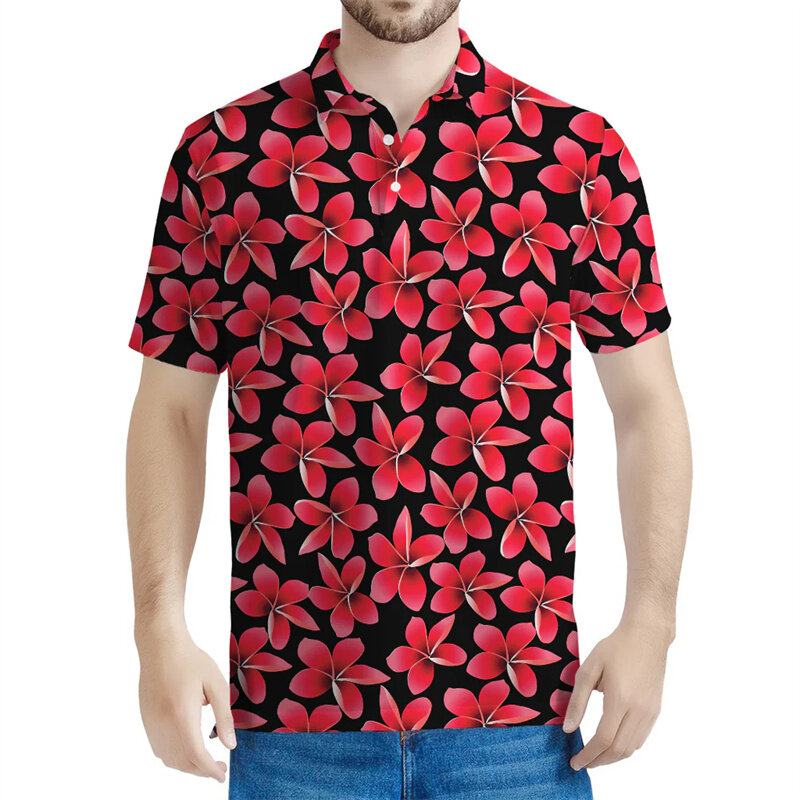 Colorful Frangipani Floral Graphic Polo Shirt Men 3D Printed Flower Short Sleeve Summer Street Loose T-shirt Button Tee Shirts