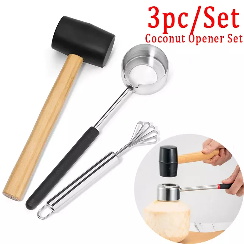 코코넛 오프너 도구 세트 식품 학년 304 스테인레스 스틸 오프너 코코넛 고기 도구 나무 손잡이 고무 해머 사용하기 쉬운 내구성