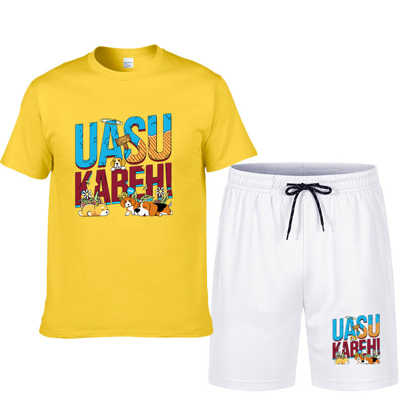 Camiseta informal con estampado de cachorro para hombre, pantalones cortos atléticos con cordón, para correr y entrenar, 2 piezas