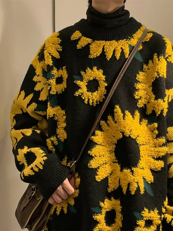 Flokujące kwiatowe swetry męskie luźne wiosenne jesienne styl japoński Retro główna ulica Harajuku dzianina Slouchy Ins