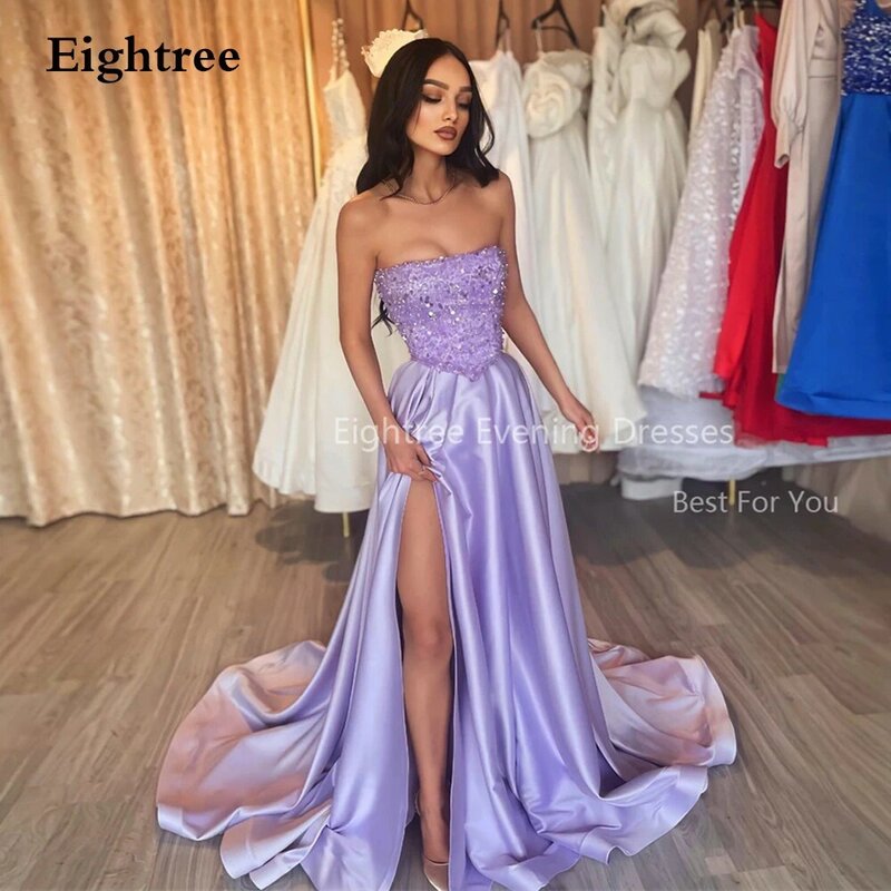 Eightree Shiny Strapless Evening Dresses Silk Purple Prom Dress Glitter Sequined Party Dress Sexy Side Split Prom Gowns vestidos