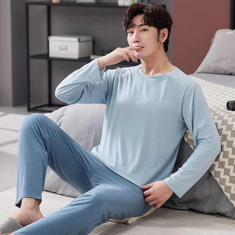 Soft Modal Long Sleeve O-neck Pajama For Men Spring Autumn Pajamas Set Males Sleepshirts Tops + Long Pants Sleepwear Homewear
