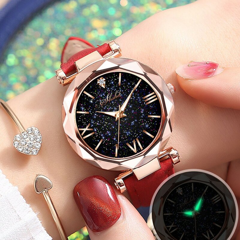 Reloj con correa de cuero esmerilado para Mujer, cronógrafo de lujo con estrellas pequeñas, punteado con escala romana, a la moda, 2024