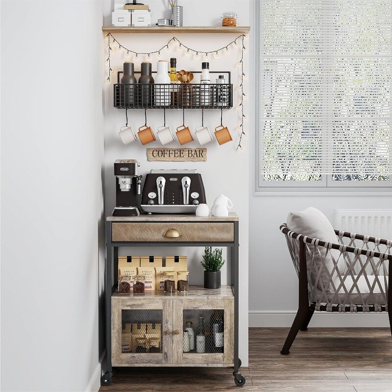X-cosrack Coffee Bar Cabinet，3 Tiers Kitchen Coffee Cart with Drawer for The Home Buffets & Sideboards, Coffee Station Table