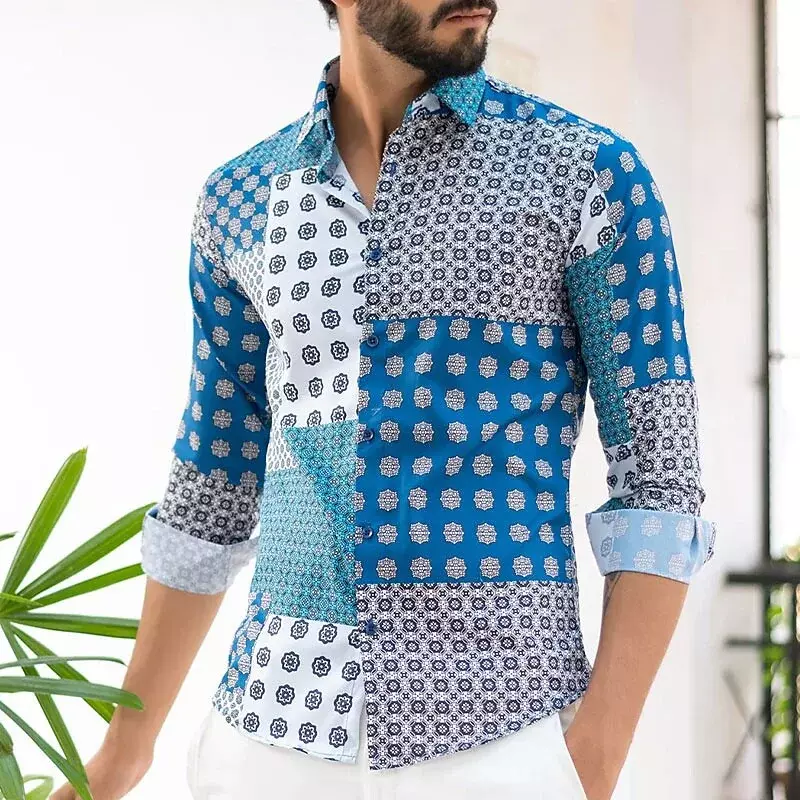 Shirt Men's Fashion Retro Stitching Novel Lapel Long Sleeve Shirt Spring Summer High Quality Material Plus Size 2023
