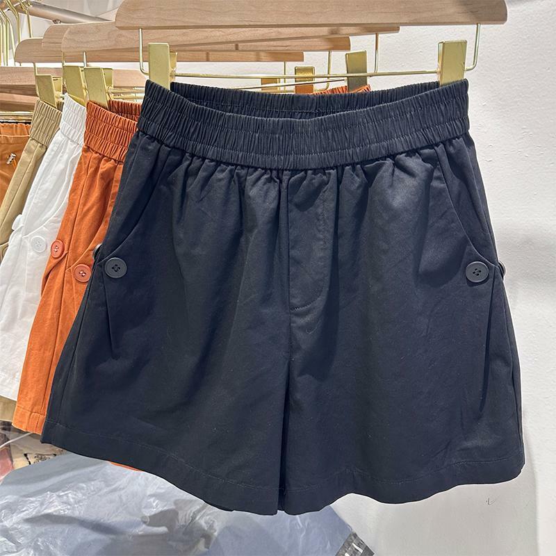 Pantalones cortos de algodón para mujer, Shorts holgados con diseño de botones, cintura elástica, informales, a la moda, color negro, pierna ancha