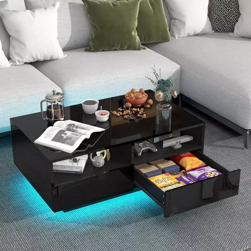Tavolino da caffè con 4 cassetti scorrevoli, tavolo centrale moderno lucido alto con luci a LED a 20 colori per soggiorno camera da letto