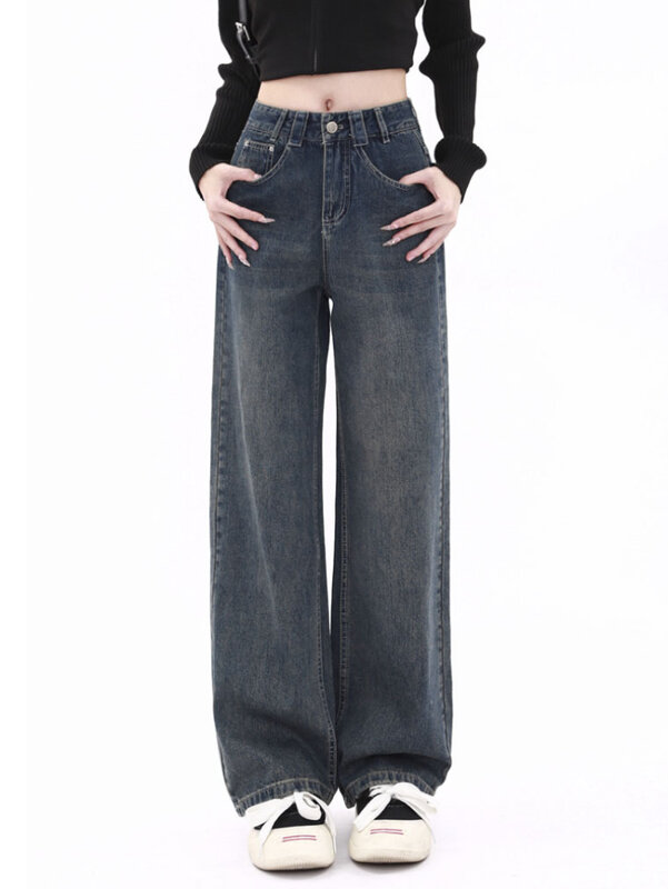 Jeans da donna a gamba dritta allentati blu stile coreano a vita alta Vintage Streetwear Basic Harajuku pantaloni in Denim pantaloni da mamma accoglienti