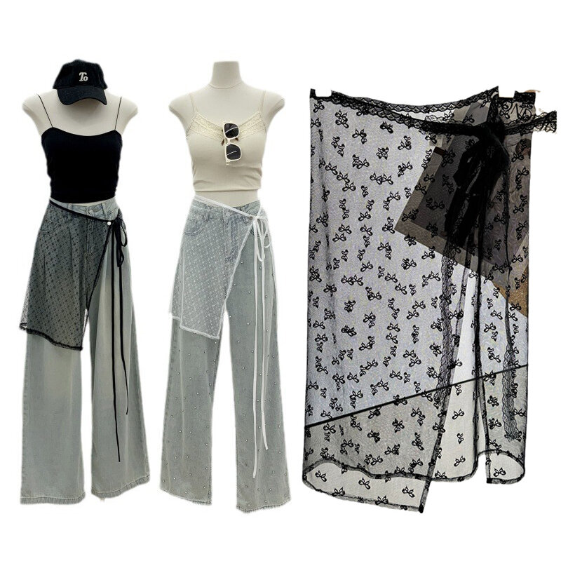Falda de encaje con cordones para mujer, sobrefalda de empalme Floral en capas, falda de malla Floral que cubre los glúteos, delantal con cordones