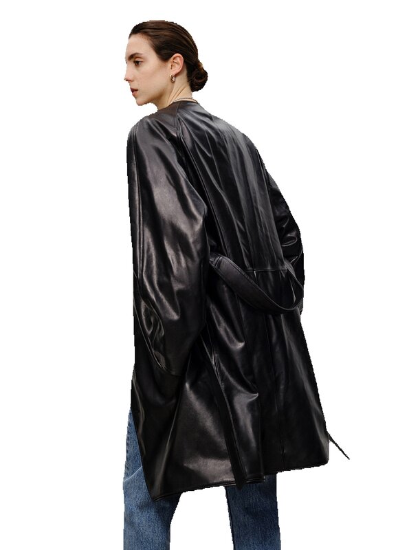 Mantel Trench kulit asli wanita, jaket siluet leher V modis kulit domba Samak Semi sayur