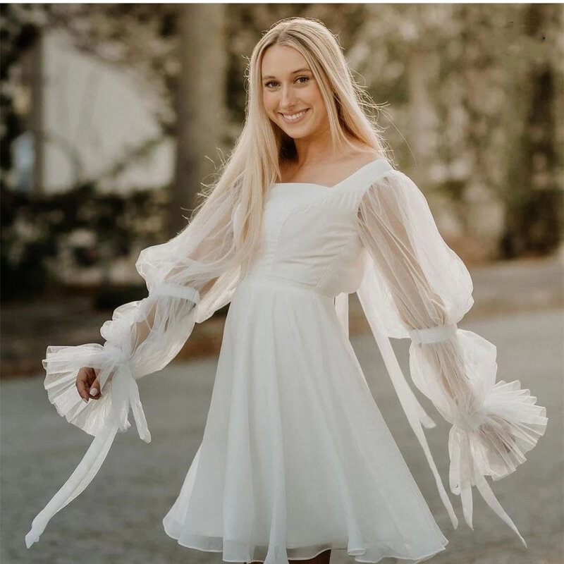Einfaches kurzes Hochzeits kleid für Frauen Braut quadratischer Kragen Tüll voller Puff ärmel Brautkleid rücken frei mit Band anpassen