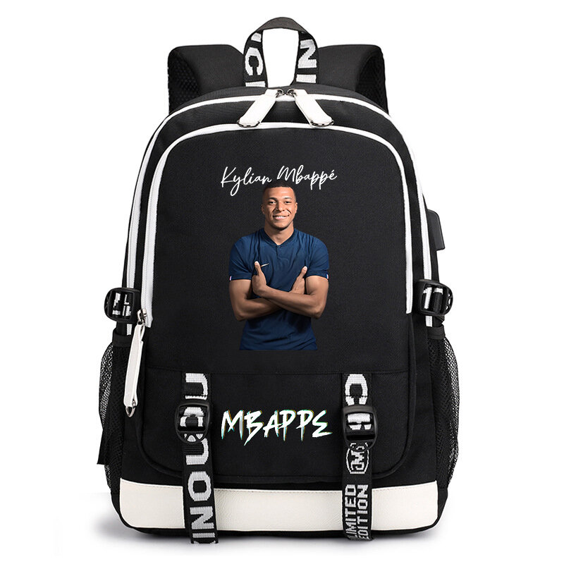 Mbappe plecak studencki z nadrukiem avatar, tornister dziecięcy USB, codzienna torba podróżna na zewnątrz