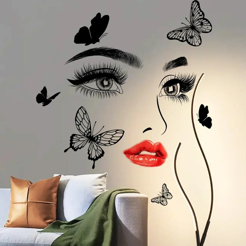 Pegatinas de pared de dibujos animados para mujer, labios rojos, ojos, mariposa, fondo, sala de estar, dormitorio, decoración, Mural, 2 uds.