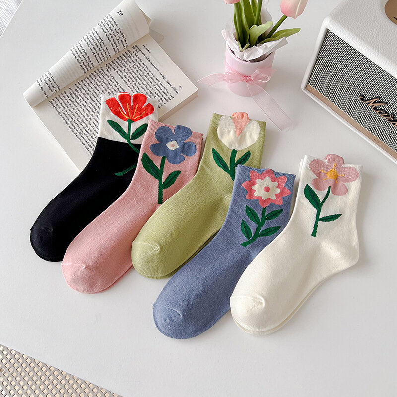 Женские короткие носки в японском и корейском стиле, милые повседневные носки карамельных цветов в стиле Харадзюку, милые носки средней длины с цветочным принтом, весна-осень