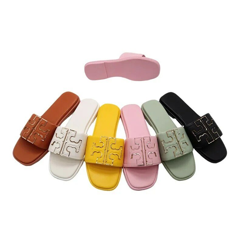 Sandales de plage en cuir décontractées pour femmes, tongs de marque de luxe, pantoufles d'été, nouveau, 2024