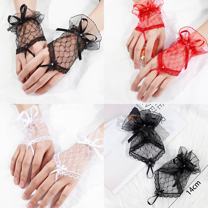 1pair Women Lace Mesh Fingerless Bridal Gloves Short Net Tulle Lace Hollowed Out Breathable Fashion Bride Gloves Bow Tie Gloves