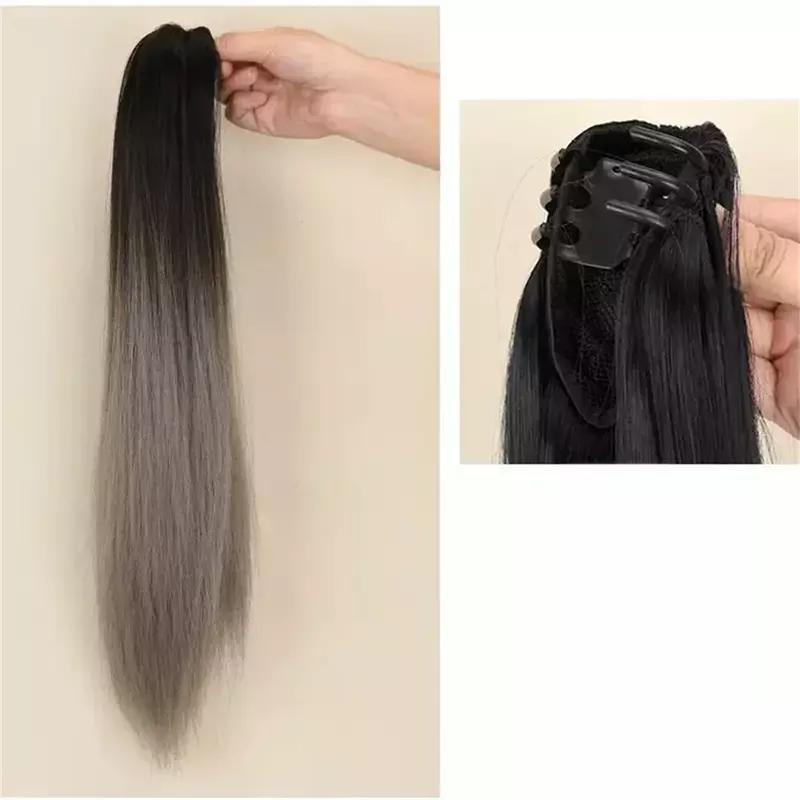 Woman Y2K Highlighted Wig Hair Extension Ponytail Claw Clip-on Straight Hair Piece Gradient Natural Hair Wig