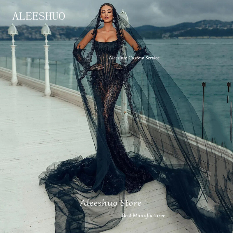 Aleeshuo-فستان سهرة مثير من التل الأسود ، بدون حمالات ، نمط حورية البحر ، مطرز ، دانتيل وهمي ، بدون أكمام ، فستان سهرة