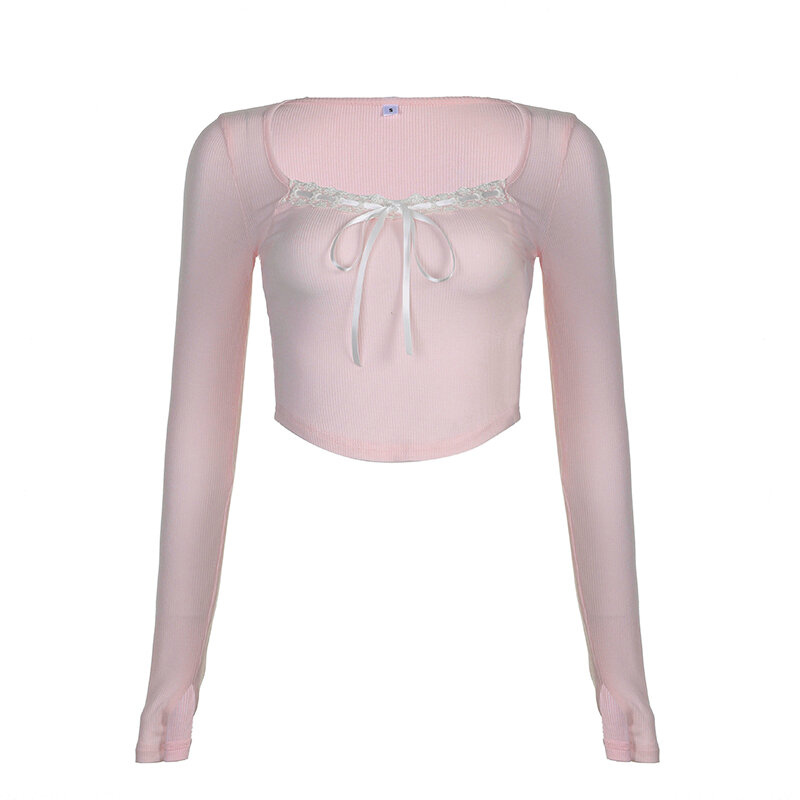 CIBBAR-Top corto con lazo de vendaje para mujer, camisetas dulces de coqueta rosa, camisetas informales de cuello cuadrado, estética y2k, otoño y primavera