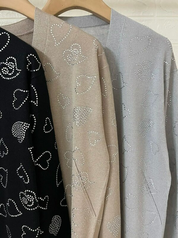 Cardigã de malha feminino com decote em v, diamante em forma de coração, peito único, suéter vintage, primavera, 2022