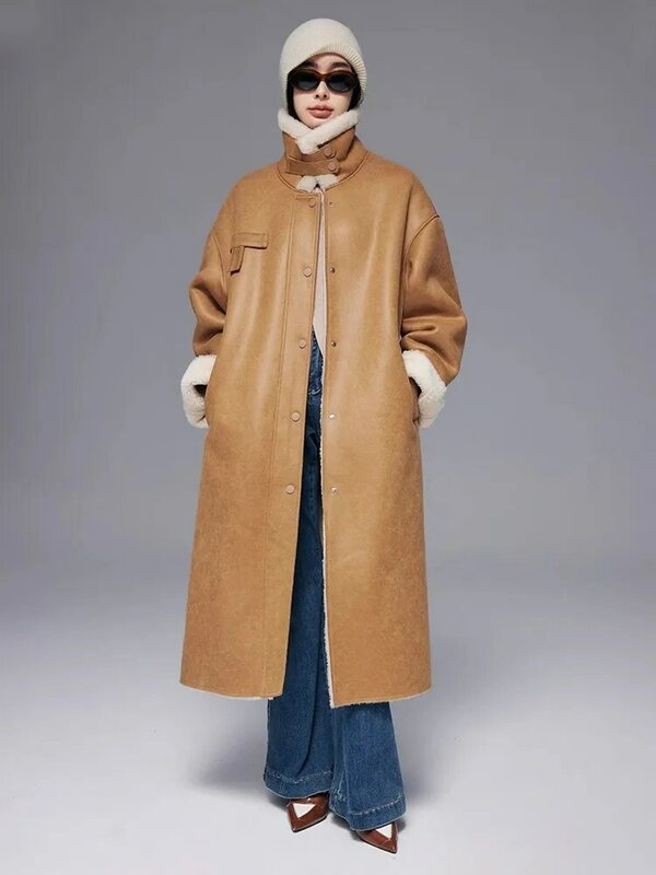 女性用ロングフェイクレザージャケット,純正ウールコート,暖かいラムウール,シングルブレスト,スタンドカラー,羊毛,冬