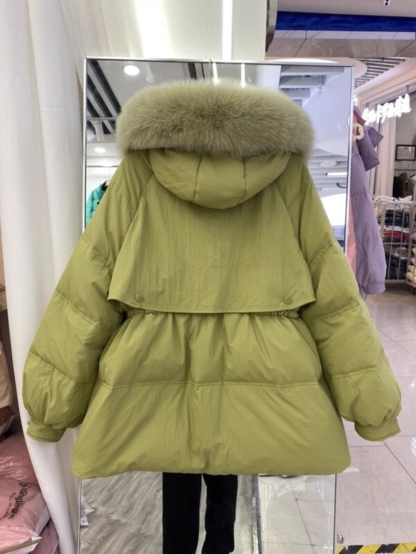 2023 Winter Fall Women Fur Hooded Collar Green Black High Waisted White Duck Down Coat , Woman Casual Autumn Warm Coats Jacket