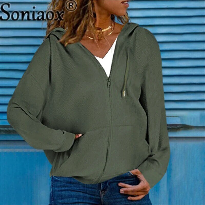 Moda cor sólida zíper cardigan hoodie feminino solto algodão topos commuter bolso splicing mangas compridas moletom feminino 5xl
