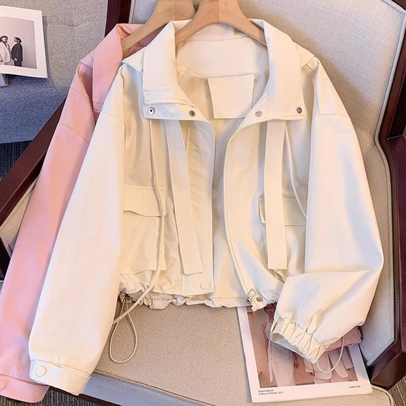 Jaqueta curta com capuz para mulheres, trench coat monocromático, jaqueta solta de trabalho, blusão feminino, tops casuais, novo, primavera e outono, 2024