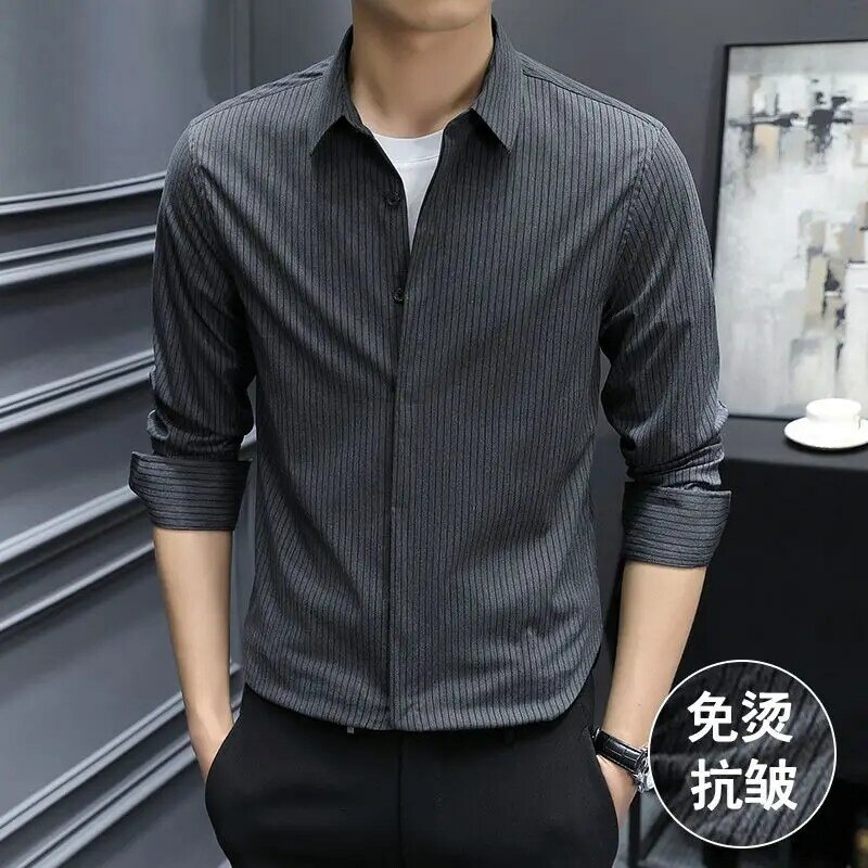 Camisa de manga larga 2-C2 para hombre, ropa formal de negocios informal de estilo coreano, de gama alta, sin hierro, antiarrugas, a rayas, primavera y verano