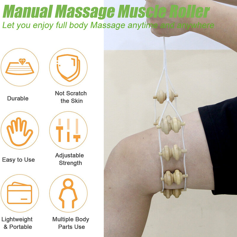 Cuerda de rodillo de madera para masaje de espalda, terapia de madera, herramientas de masaje de celulitis, herramientas de automasaje para cuello, pierna, espalda, alivio del dolor muscular, 1 unidad