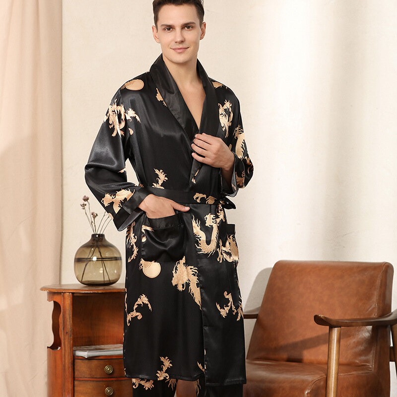 Piyama lengan panjang tipis musim panas pria sutra seperti celana jubah malam dua potong Set jubah mandi naga ukuran besar pakaian rumah seksi