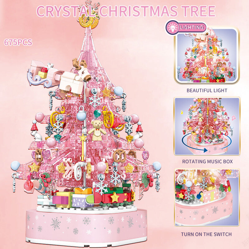 Mainan blok bangunan pohon Natal kristal merah muda Seri Natal hadiah mainan perakitan Puzzle kreatif kotak musik Diy untuk anak perempuan