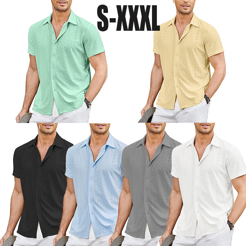 Men's Solid Color Hollow Breathable Short-sleeved Shirt Lapel Button Leisure Business Shirt Summer Hawaiian Striped Shirt