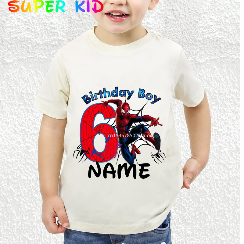 تي شيرت عيد ميلاد الرجل العنكبوت للأطفال ، أبيض بأكمام قصيرة ، اسم مخصص ، قميص عيد ميلاد الطفل ، قميص عيد ميلاد الصبي ، 3 ، 4 ، 5 ، 6 ، 7 ، 8