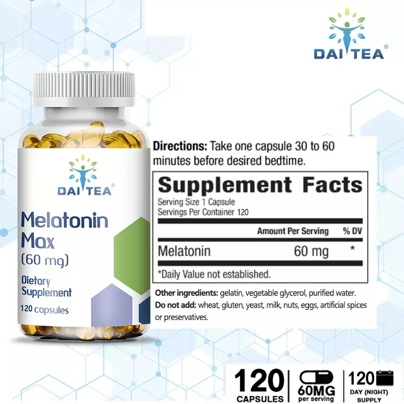 Daitea cápsulas vegetarianas de melatonina, 60 Mg, promueve la calidad del sueño, la salud de los ojos y Reduce el tiempo de despertar