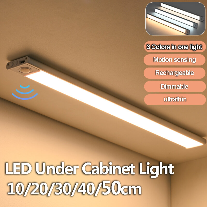 Luces LED Ultra delgadas para debajo del gabinete, luz nocturna con Sensor de movimiento, lámpara inalámbrica recargable de 3 colores, iluminación para armario de cocina