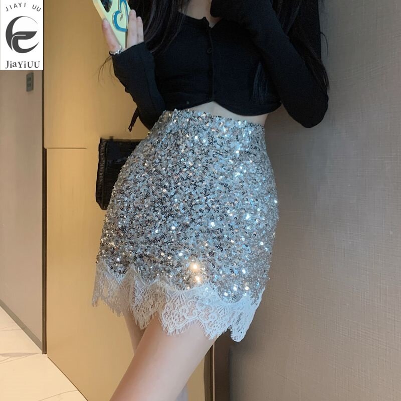 Женская кружевная юбка с блестками, трапециевидная короткая юбка с высокой талией