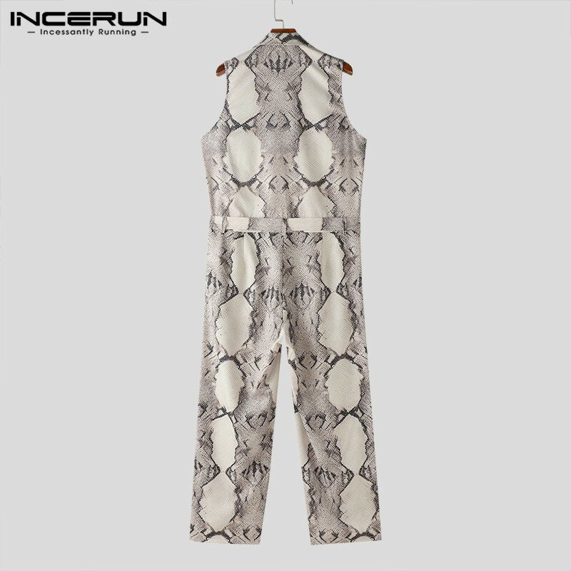 INCERUN Men Jumpsuits Printing Lapel Sleeveless Zipper Casual Male Rompers Streetwear 2024 Fashion Men Overalls With Belt S-5XL