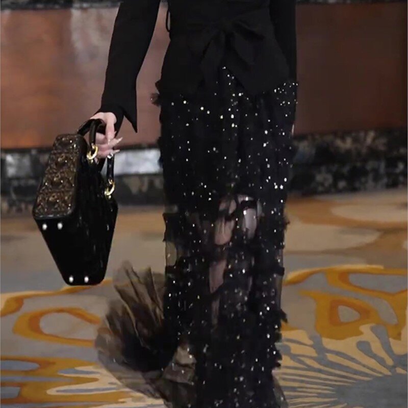 Schwarzer Paille tte Mesh Rock Damen neues Design Sinn hohe Taille abnehmen elastisches langes Kleid