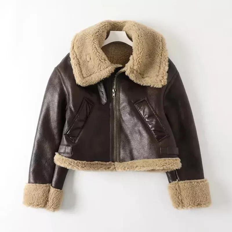 90s Vintage Fashion Girls Brown Faux Leather Shearling Jacket Coat Women Winter Thicken Warm Fur Lining Overcoats Outerwear