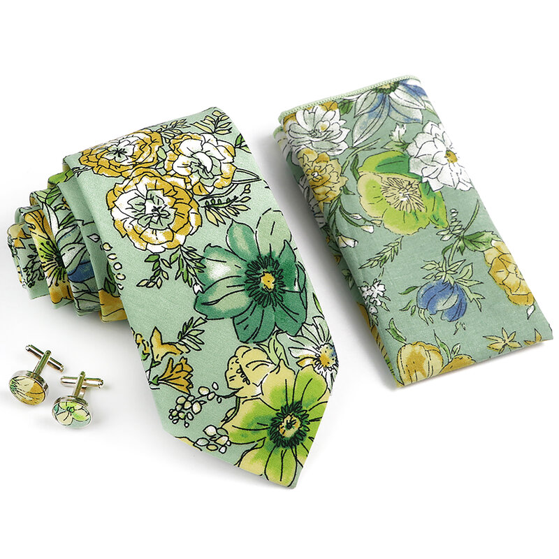 High Quality 7cm Floral Cotton Ties Hanky Cufflink Set Green Blue Skinny Necktie For Men Wedding Party Groom Cravat Accessories