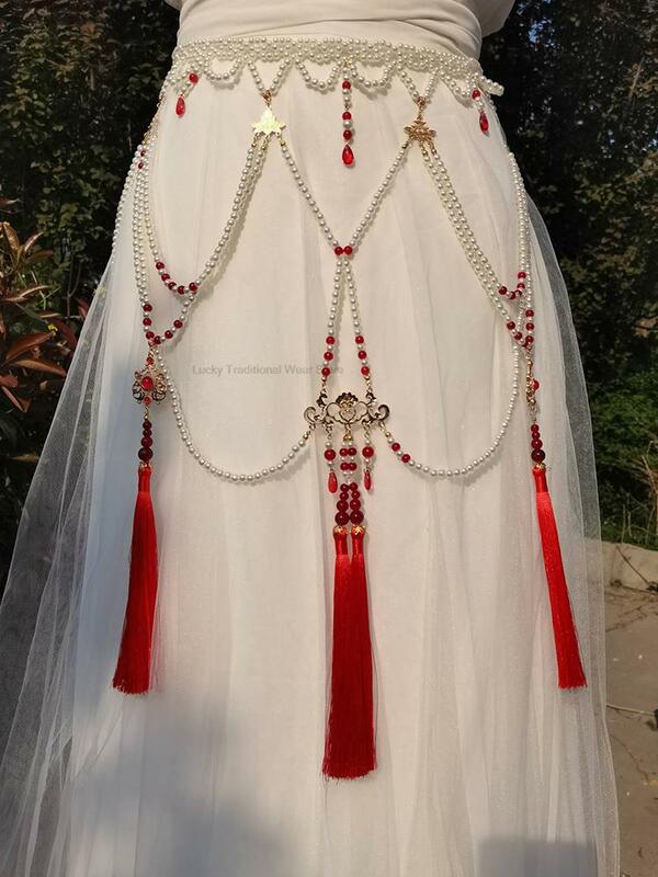 Chińskie tradycyjne akcesoria do Hanfu długie frędzle perłowe w talii łańcuszek do spodni oryginalne akcesoria damskie z dynastii Tang antyczna talia