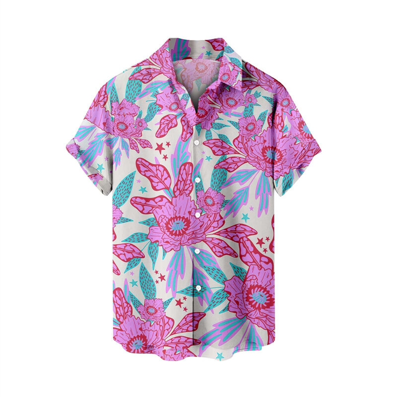 เสื้อเชิ้ตฮาวายแขนสั้นเสื้อเชิ้ตชายหาดดอกไม้ปกดอกไม้เสื้อผ้าวันหยุดฤดูร้อนเสื้อเชิ้ตผู้ชาย