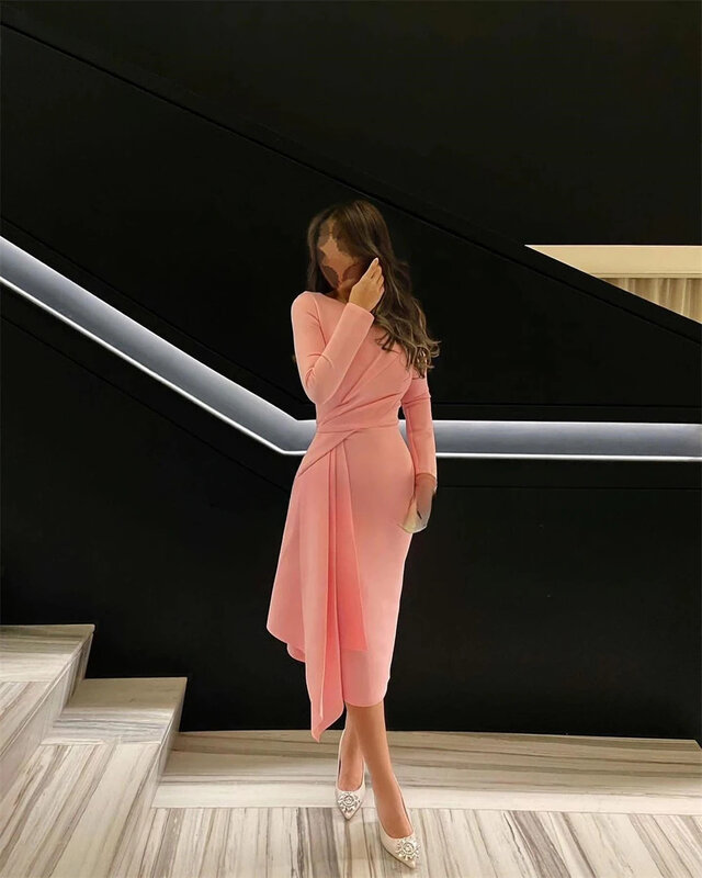 女性のためのピンクのショートイブニングドレス,長袖,控えめな古着,マーメイドスタイル,2024